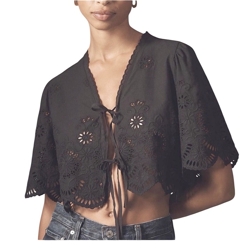 Anthropologie Crop Tie-Front Top Black Eyelet Boho Scalloped One Size